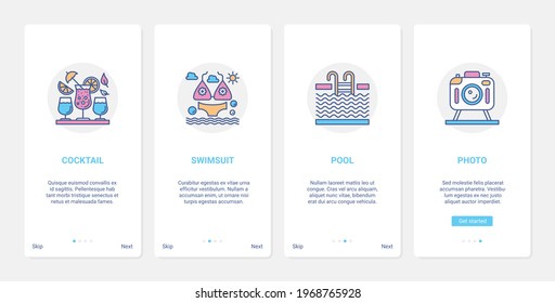 Ilustración vectorial de la actividad vacacional de verano en la playa. interfaz de usuario, UX integrada página de aplicaciones móviles conjunto de pantalla con traje de baño bikini de línea para nadar en la piscina, bebida de cóctel, cámara de fotos para símbolos turísticos