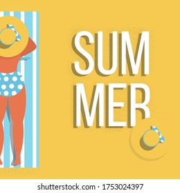 Summer time and  beach vacation concept.  Card with woman in retro swimsuit. Girl in big hat and vintage dotted bikini  sunbathe on sand. Cute illustration in flat style.