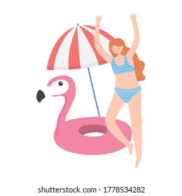 summer time beach vacation woman with umbrella and flamingo float rubber rings vector illustration