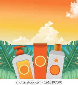 summer time in beach vacations bottle creams skin care sun blocks foliage tropic vector illustration