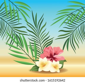 summer time in beach vacations exotics flowers foliage tropical sand vector illustration
