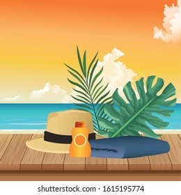 summer time in beach vacations hat towel sunblock foliage palms vector illustration