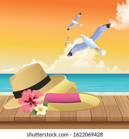 summer time in beach vacations hats flowers seagull leaves vector illustration