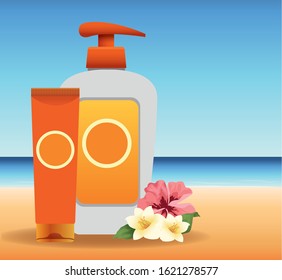 summer time in beach vacations sun bronzer and sunblock spray flowers sand sea vector illustration