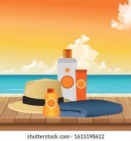 summer time in beach vacations sunblock bottle cream hat and towel vector illustration