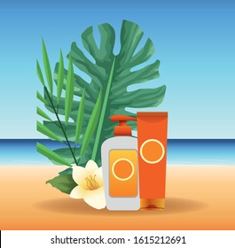summer time in beach vacations sunblock bottles flower leaves exotic vector illustration