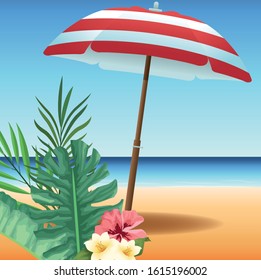 summer time in beach vacations umbrella flowers leaves tropical sand vector illustration