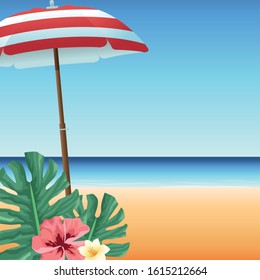 summer time in beach vacations umbrella exotic flowers and leaves vector illustration