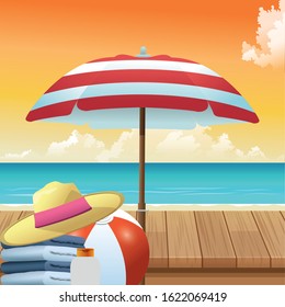 summer time in beach vacations umbrella hat ball towels and sunblock vector illustration