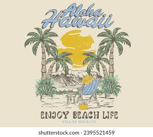 Summer time. Beach vibes artwork for t shirt, poster, sticker. Summer good vibes. Relax chair hand sketch. Paradise t shirt graphics design, typography slogan on palm trees background. aloha Hawaii. 