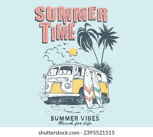 Hora de verano. Obra de arte de los albornoces de playa para camisetas, afiches, pegatinas. Buenas vibraciones de verano. Diseño gráfico de camisetas de paraíso, eslogan de tipografía sobre el fondo de las palmeras.  autobús de playa. Playa de por vida.