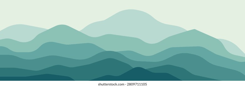 Summer time beach waters minimalist banner asset in a minimalistic style with organic waves and cool teal turquoise colors. Distant ocean with fog. Sea and ocean water. Vector illustration EPS 10.