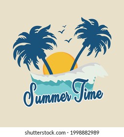 Summer Time with beach waves and two coconut trees