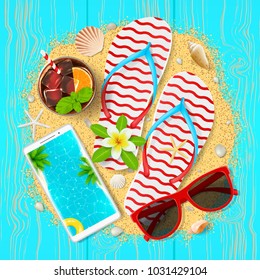 Summer time beautiful card. Top view on summer composition with realistic objects on wooden texture. Vector illustration. Concept of seasonal recreation in tropical countries.