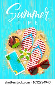 Summer time beautiful flyer. Top view on summer composition with realistic objects on wooden texture. Vector illustration. Concept of seasonal recreation in tropical countries.