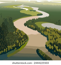 Tiempo de verano con el río de la belleza en las montañas del bosque vista superior Ilustración vectorial 10 eps