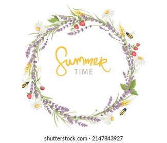 Summer time. Birthday or Wedding invitation cards. Vector design element, wreaths of lavender, chamomile, wheat ears, strawberry and bee, medicinal herbs, calligraphy lettering. EPS 10.	