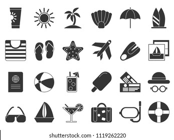 Summer Time Black Symbols. Vector Icon Set Isolate. Travel And Vacation, Sun And Beach, Suitcase And Plane Black Silhouette Illustration