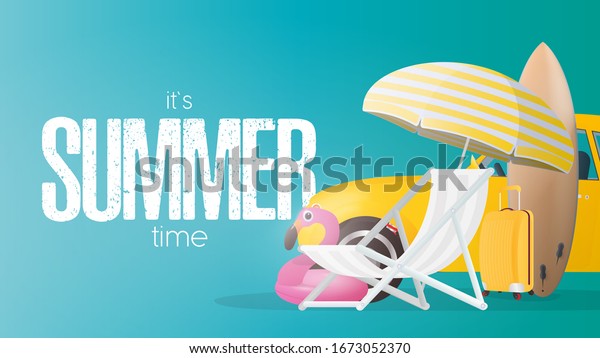 Summer time blue poster. Sun umbrella, beach deck\
chair, pink flamingo circle, yellow travel suitcase, surfboard and\
yellow car.