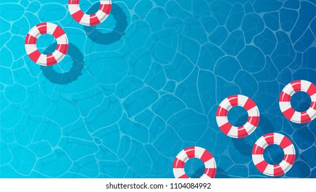 summer time blue water pool background, life sever floating rings, vector illustration 