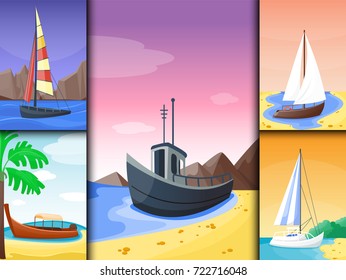 Summer time boat vacation nature tropical beach landscape of paradise island holidays lagoon vector illustration.