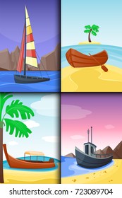 Summer time boat vacation nature tropical beach landscape of paradise island holidays lagoon vector illustration.