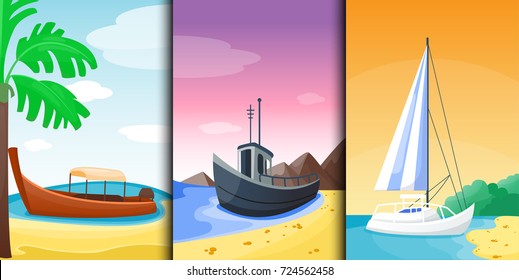 Summer time boat vacation nature tropical beach landscape of paradise island holidays lagoon vector illustration.