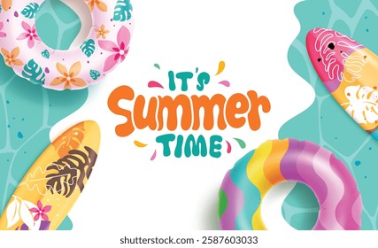 Summer time border clipart background design. Summer time text in green tropical abstract background clip art with colorful inflatable floaters and surfboard elements for holiday vacation banner 