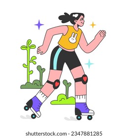 Summer time break activity. Healthy and active lifestyle. Female character enjoying being outside, riding on roller skates in the city park. Flat vector illustration