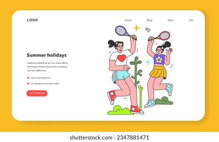 Summer time break activity web banner or landing page. Active lifestyle. Two young female characters enjoying being outside, playing badminton or tennis in the city park. Flat vector illustration