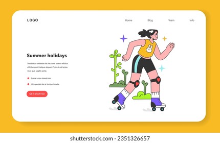 Summer time break activity web banner or landing page. Healthy and active lifestyle. Female character enjoying being outside, riding on roller skates in the city park. Flat vector illustration