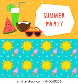 Summer time bright background. Handmade abstract summer objects isolated on stylish orange and blue cover. Flat style. 