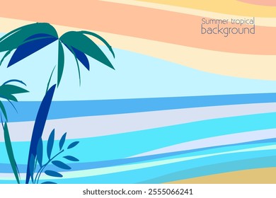 Summer time bright concept design. Tropical landscape. Creative background of landscape, sea and beach panorama with palm tree. Vector template for trip background.