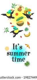 It's summer time. Bright summer vector illustration, postcard with funny toucans.