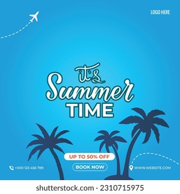 It's summer time. business promotion web banner template design for social media. Tourism, summer holiday tour online marketing, post or poster with abstract gradient background. vector illustrations.