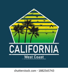 Summer time CALIFORNIA tee print vector design with palm. Tropical print.