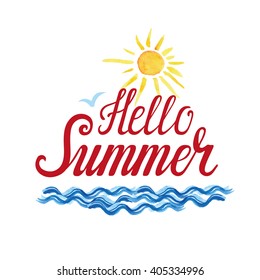 Summer time calligraphic design,Hello summer inscription.Vector watercolor sea,sun texture.Retro hand drawn lettering.Holidays card