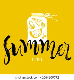 Summer time. Calligraphy greeting card. Watermelon, butterfly, leaf, cherry, paper airplane in jar. Hand drawn design elements. Handwritten modern brush lettering. Vector illustration.