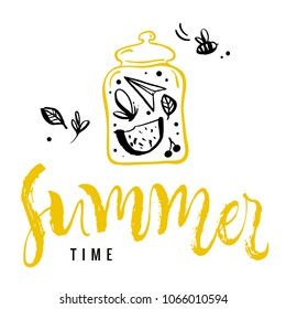 Summer time. Calligraphy greeting card. Watermelon, butterfly, bee, leaf, cherry, paper airplane in jar. Hand drawn design elements. Handwritten modern brush lettering. Vector illustration.