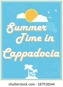 Summer Time in Cappadocia, Poster design, vector illustration. Touristic Greeting card