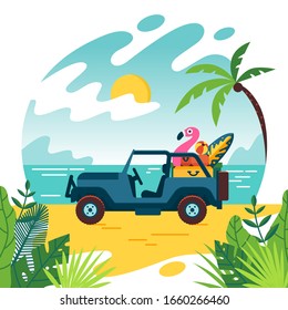 Summer time and car on beach with few suitcase. Vacation and travel, a huge pile of things for the holiday. Flat cartoon style illustration, concept on white background. Vector