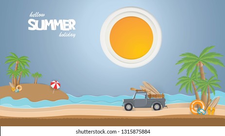 Summer time with Car run on the beach and Surfboard,Sandals,Life ring, Snorkel and Paddle under the coconut trees in spring season,paper craft style vector and illustration