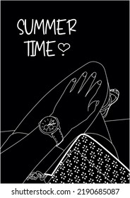 Summer time card or banner. Girl is sitting on the bench. Top view. Clock, bag, legs, nails, shorts, hand. Black and white.