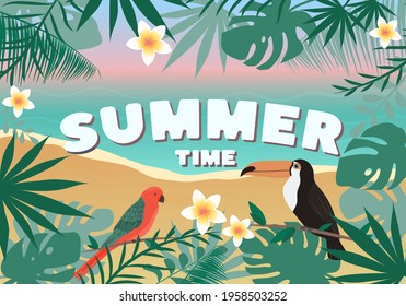 Summer time card with beach landscape, tropical leaf frame. Vacation and travel concept.