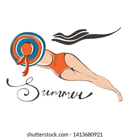 Summer time card. Beautiful woman in swimming suit lying on the beach.