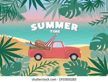 Summer time card with car, beach landscape, tropical leaf frame. Vacation and travel concept.