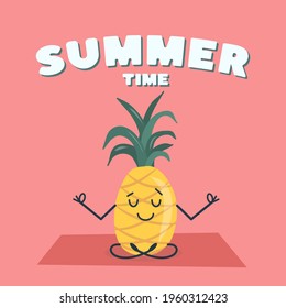 Tarjeta de verano. Cute piña medita y hace yoga en la posición del loto.