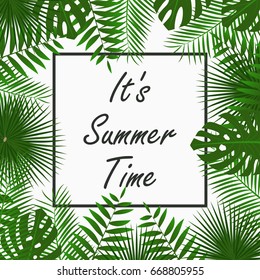 Summer Time card design with - tropical palm leaves, jungle leaf , exotic plants and border frame. Graphic for poster, banner, background. Vector illustration.