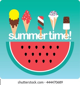 Summer time card design. Watermelon icon and ice cream icons. Vector. 