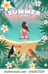 Summer time card with a girl on a swing, beach landscape, tropical leaf frame. Vacation and travel concept.